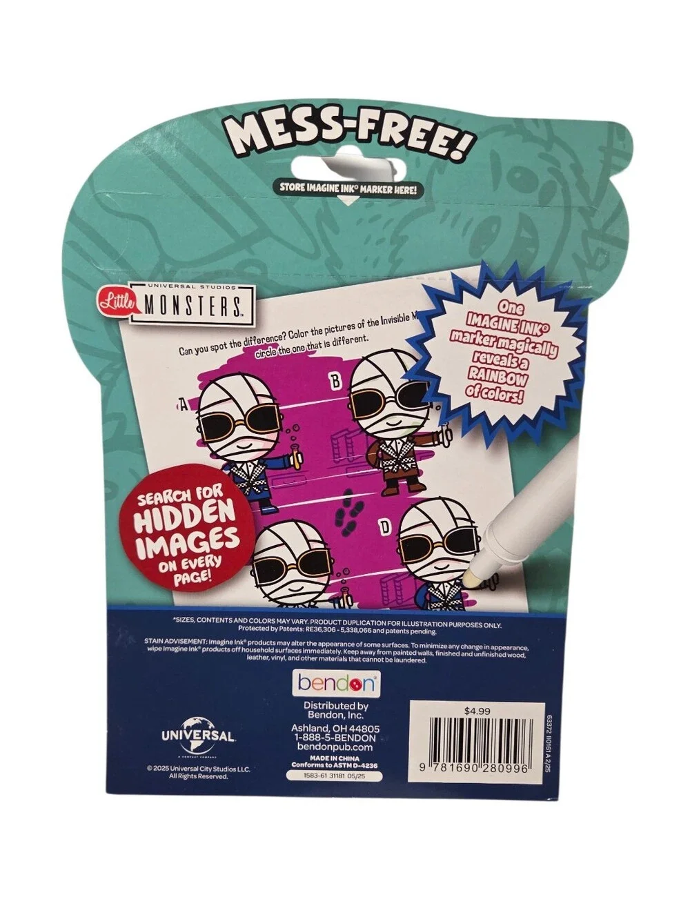 Universal Studios Little Monsters Mess Free Marker Color Book Nwt